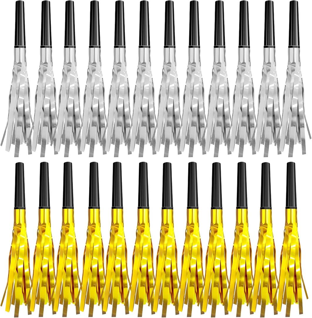 New Years Eve Party Supplies 2026-24 PCS Noise Makers, 12 Gold & 12 Silver Glitter Party Blowers for Adults, Bulk New Year Eve Birthday Christmas Noisemakers Horns