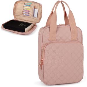 Bible Cover for Women, Bible Case with Handles,Carrying Bible Bag Scripture Case Church Bag Bible Protective with a Zippered Front Pocket & Velcro Back Pocket (Medium, Pink)