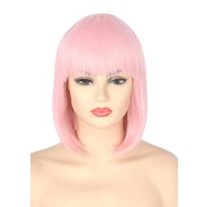 Women's Bob Wig Pink Short Fiber Straight Cosplay Wig With Bangs Halloween Costume Wigs