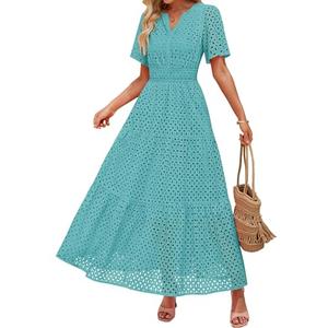 ZESICA Women's 2026 Summer Short Sleeve Maxi Dress Casual V Neck Hollow Out Eyelet Ruffle Swing A Line Long Dresses,Aqua,Large