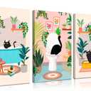 3pcs Black Cat Bathroom Canvas Wall Art Funny Cute Vintage Cats Wall Decor Pictures Green Plants Black Cat Posters Prints for Bathroom Toilet Decoration Ready To Hang