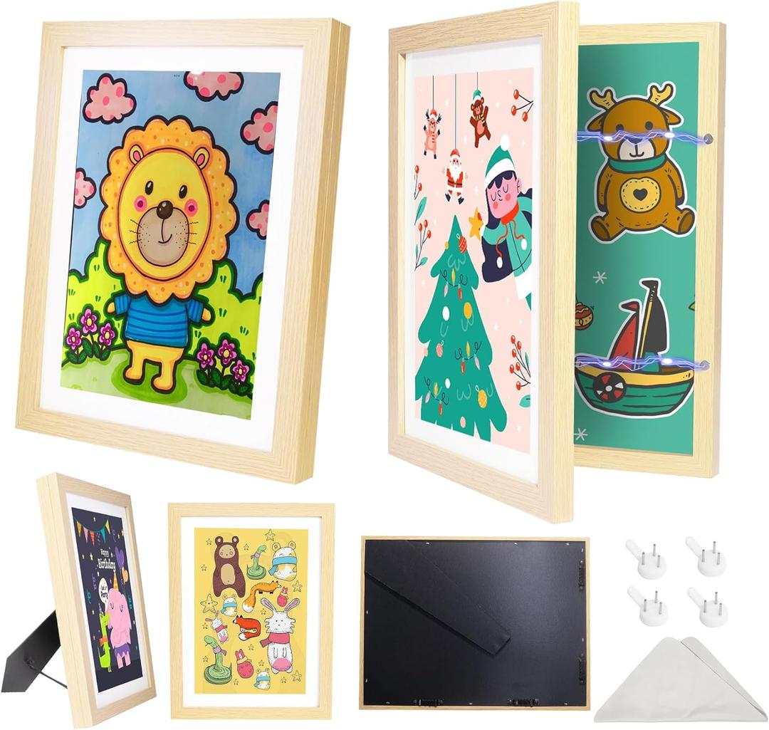 2-Pack Kids Art Frames Changeable with Stand 8.5x11 Front Opening, A4 Artwork Frames for Kids Art Storage, Art Picture Frame with Mat and 4 Acrylic Boards, Kids Room Decor Art Display, Holds 150Pcs (Woodgrain) 2-Pack Kids Art Frames Changeable with Stand 8.5x11 Front Opening, A4 Artwork Frames for Kids Art Storage, Art Picture Frame with Mat and 4 Acrylic Boards, Kids Room Decor Art Display, Holds 150Pcs (Woodgrain)