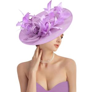 dressfan Fascinator Hats for Women,Linen Vintage Feather Headwear for Derby/Church/Wedding/Cocktail/Tea Party (Purple)