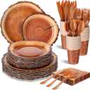 FillTouch 350 Pcs Camping Wood Grain Slice Tableware for 50 Guests Rustic Camo Hunter Plates Disposable Napkins Cups Plates Cutlery Hunting Plastic Knives Fork Spoon for Camping Party