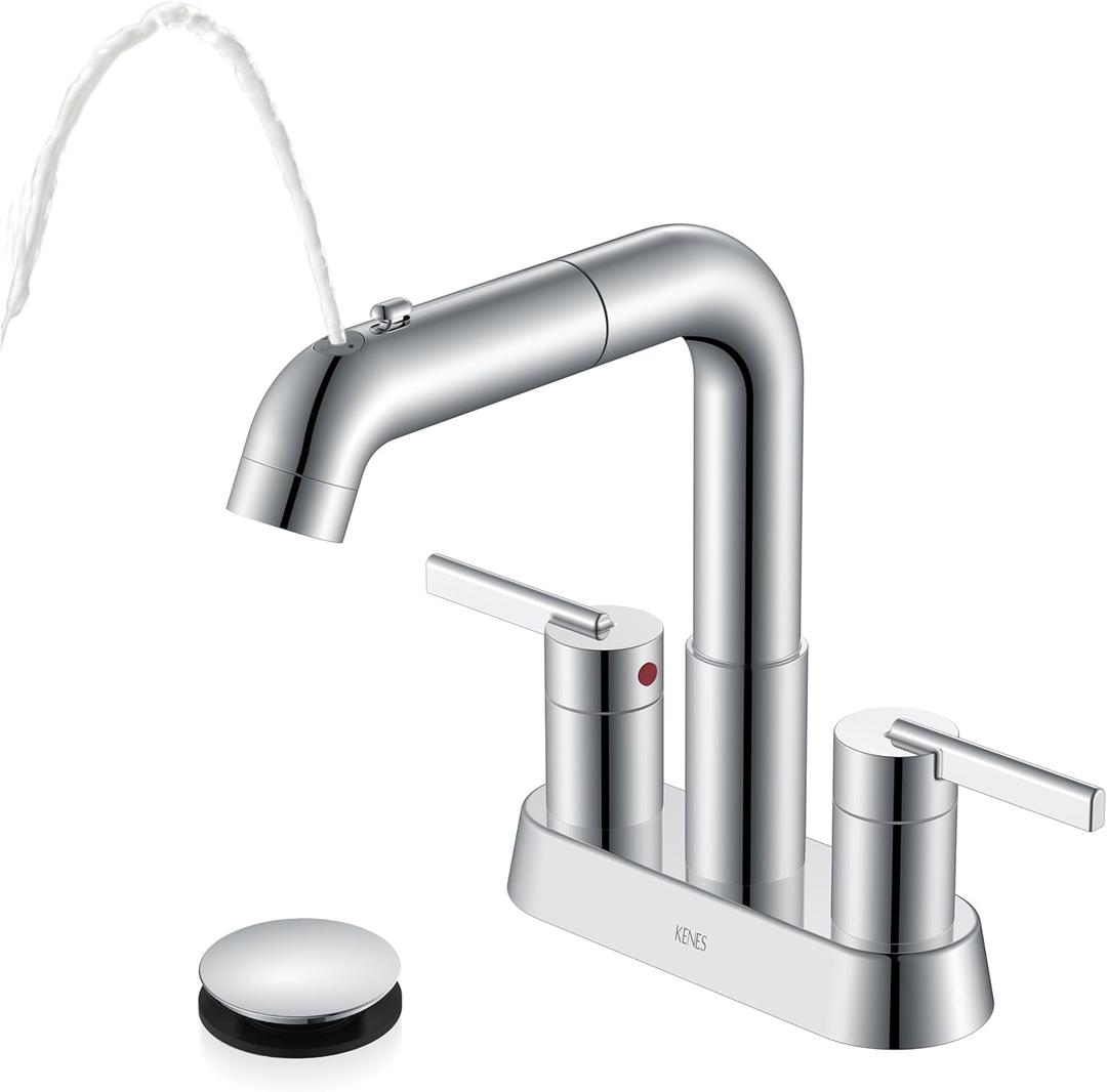 KENES Chrome Centerset Bathroom Faucet with Pull Out Sprayer, 4 Inch 2 Handle Pull Down Bathroom Faucet 3 Hole, Bathroom Sink Faucet with Pop Up Drain & Supply Lines LJ-9059A-5