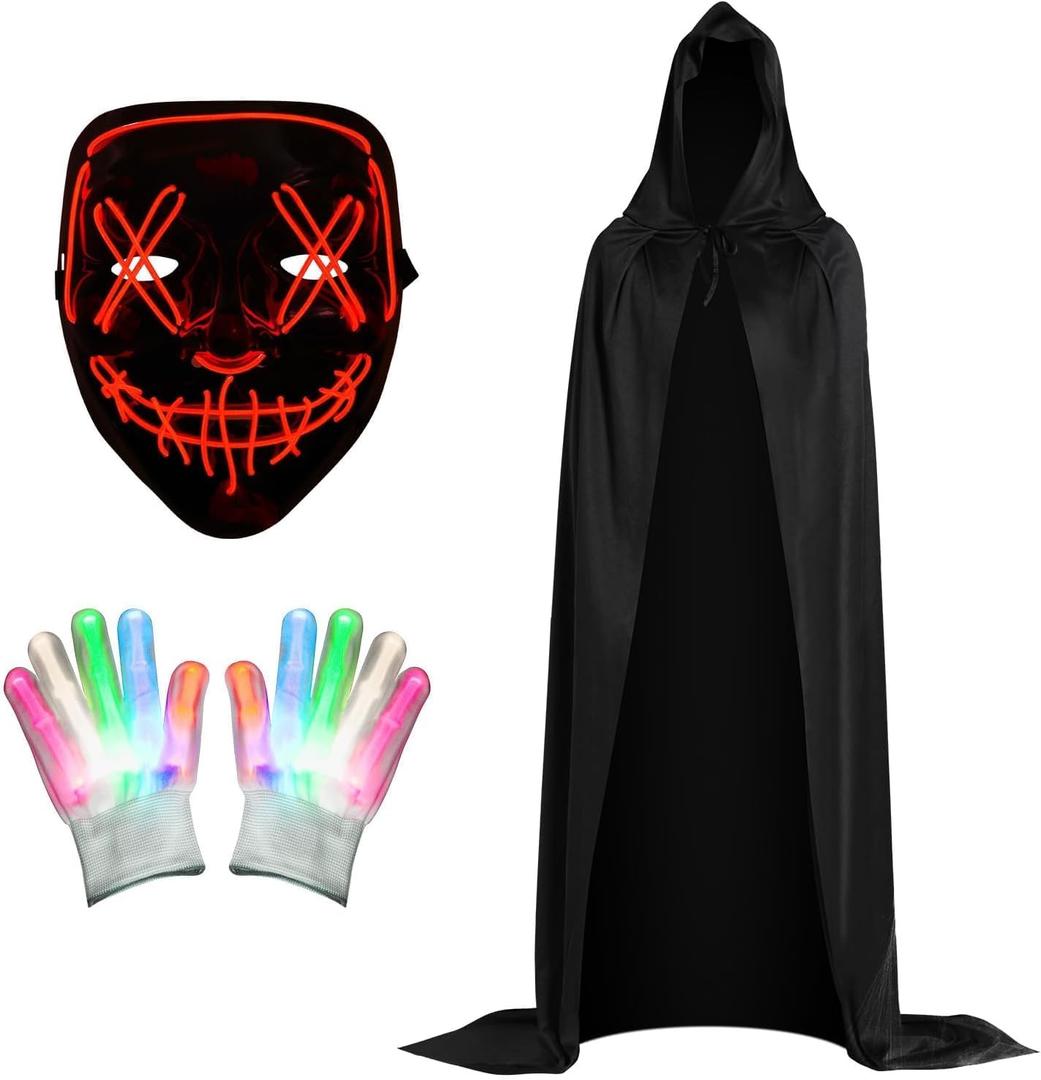 Brightown Halloween-Costume-for-Boys 3 Set, Hooded Cloak with Light Up Scary LED Masks & Skeleton Gloves, 3 Modes Purge Mask Multicolor LED Glowing Gloves, Teen Boys Halloween Costumes