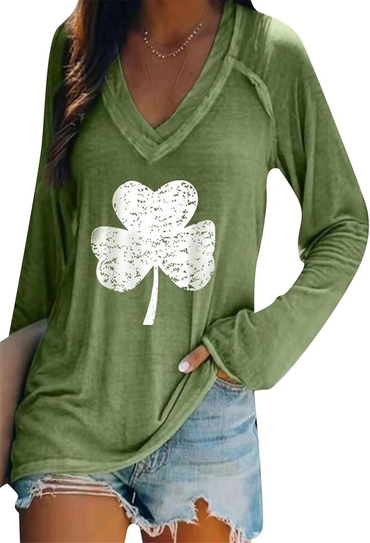 YMING Womens St. Patricks Day Clover Shirt Long Sleeve V Neck Sweatshirt Irish Shamrock Print Pullover Tops (XL)