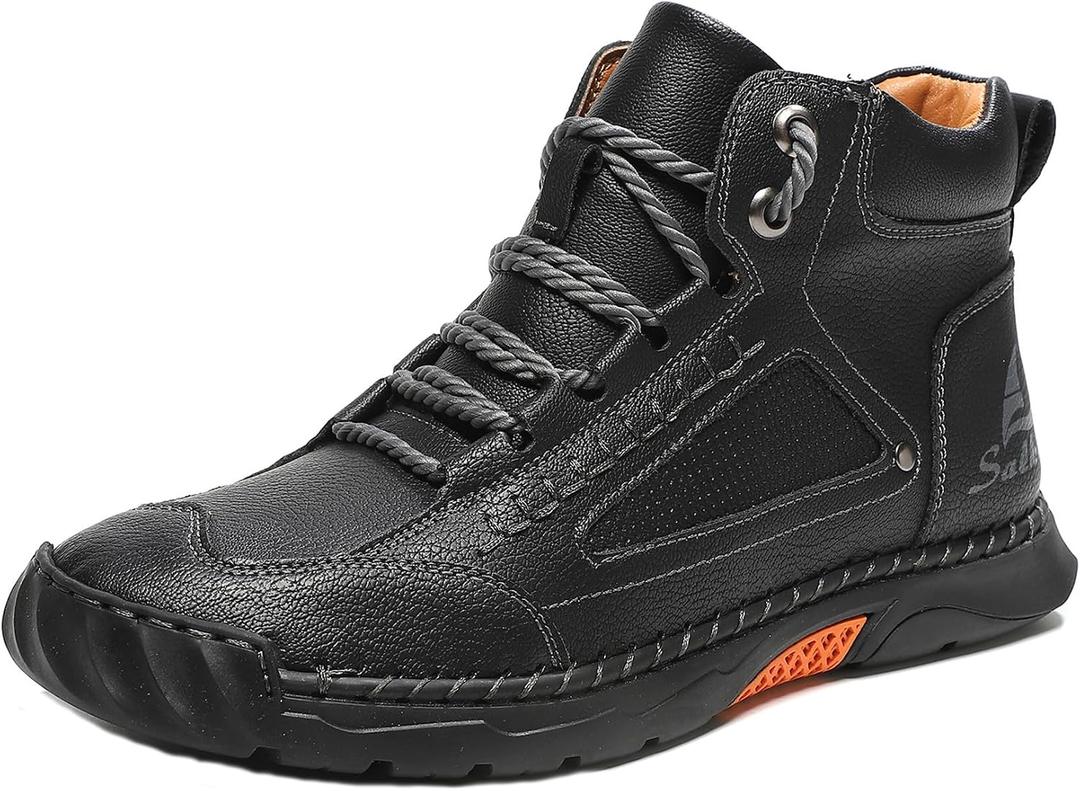 CrazySavage Mens Casual Leather Orthopedic Handmade Boots Fashion Mid Top Walking Driving Shoes Waterproof Arch Support Spacious Toe Box Outdoor Non-Slip Trekking Boot (Black, 13)