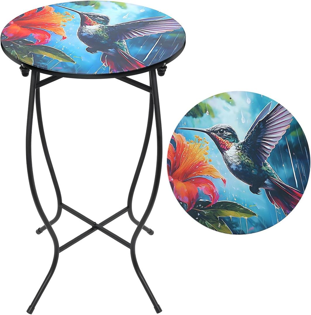 Round Side Table, 21 Inch Tall Metal Table for Patio Deck Porch Livingroom | Weather Resistant End Table Plant Stand for Indoor & Outdoor Use, Easy Assembly Accent Table with Colorful Pattern Tabletop