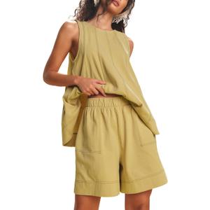 Majdan Womens 2 Piece Outfits Summer Shorts Set Sleeveless Tank Top and Shorts Matching Set with Pockets (X-Small, Yellow)