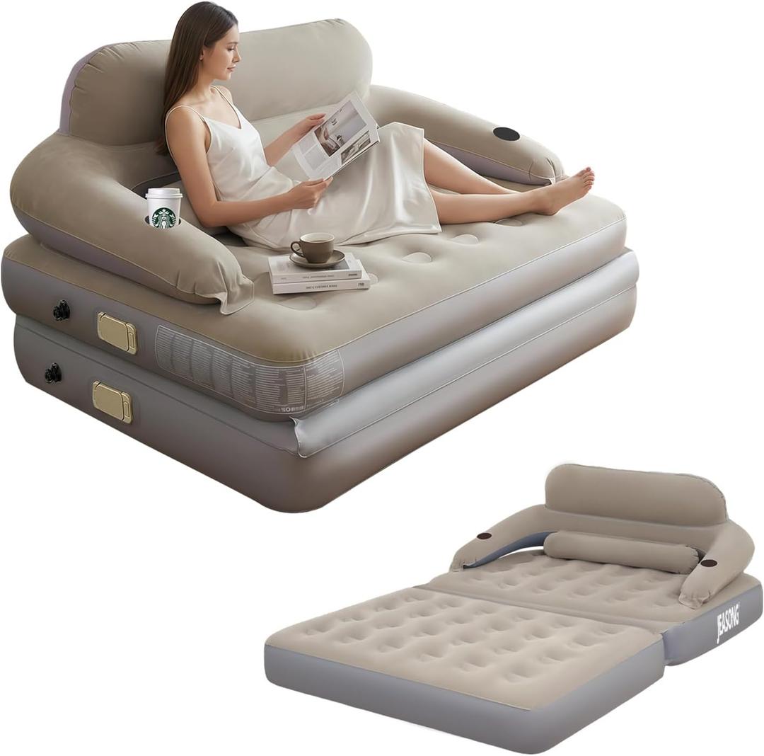 Blow Up Couch Air Mattress Queen with Built in Pump, 2-in-1 Air Sofa & Inflatable Mattress, AirBed Blow Up Mattress with Headboard & Cupholder, Inflatable Couch for Camping, Movie Night, Guest