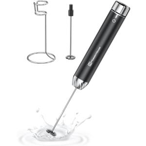 Maestri House Rechargeable Milk Frother with Stepless Speed Control, LunaFro Max Handheld Electric Foam Maker Waterproof Drink Mixer Foamer with Stand & Detachable Whisks for Lattes, Cappuccino (Black)