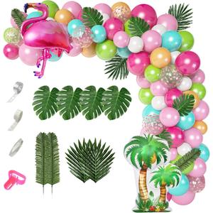 132Pcs Tropical Flamingo Balloons Garland Kit, Flamingo Foil Balloons Green Pink Aqua Blue Confetti Balloons Palm Leaves Baby Shower Hawaiian Luau Birthday Party Decorations Supplies