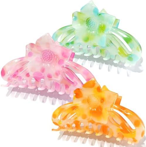 Miniluck Flower Hair Claw Clips - 3PCS Big Clips for Women/Girls, Cute Nonslip Medium Colorful Hawaiian Flower Clips with Strong Hold for Thick/Thin Hair