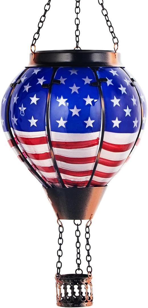 Larekook Solar Hot Air Balloon Lantern with Flickering Flame Light,Glass Outdoor Garden Decor,Hot Air Balloon Solar Lantern Outdoor Waterproof Hanging Light for Yard Patio Porch Lawn(American Flag)