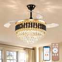 42'' Crystal Ceiling Fan Fandelier with Lights-Low Profile Flush Mount Ceiling Light with Fan, Reversible and Remote Control Black Ceiling Fan Light for Bedroom, Living Room, Large