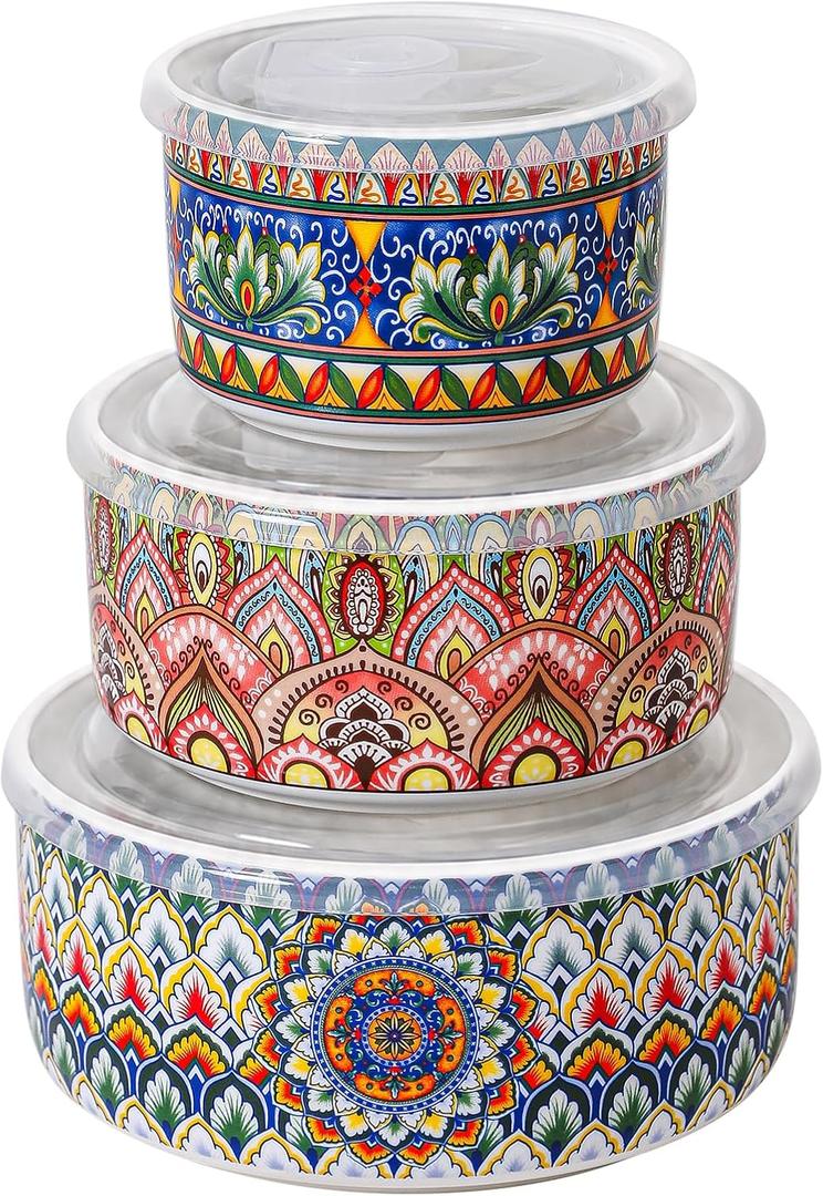 Henten Home Ceramic Serving Bowls with Lid, Boho Nesting Bowl Set of 3, 10/20/32 oz