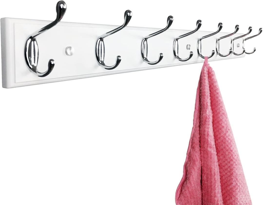 Wooden Wall Mounted Coat Rack 31 Inch, White with 8 Silver Hooks for Entryway, Hallway, Bedroom
