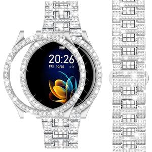 Dsytom Stylish Bands Compatible with Samsung Galaxy Watch 7/6 40mm 44mm, 20mm Bling Metal Replacement Galaxy Watch 7/6 Band 40mm 44mm with Rhinestone Protective Case for Women