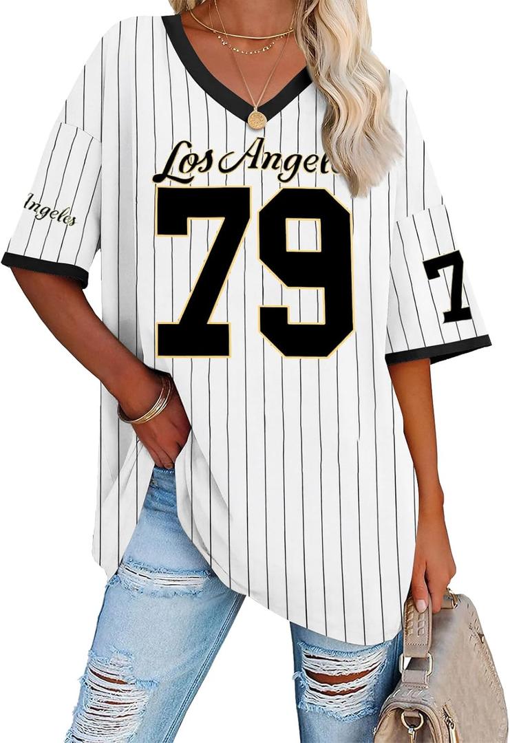 Oversized Jersey Shirts for Women V Neck Tshirt Striped Number Graphic Shirt Casual Y2k Streetwear Tee Tops (Large, B-black(mesh))