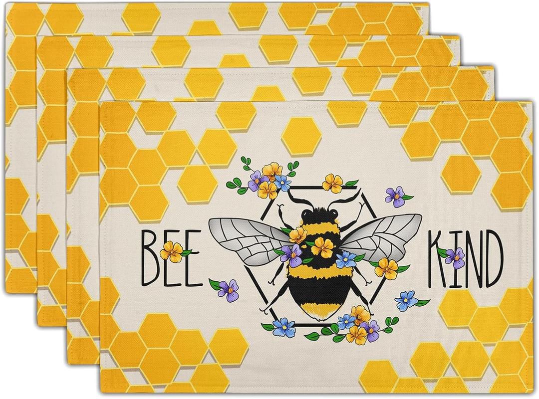 Giwawa Bee Kind Placemats Set of 4-12"x18" Summer Bees Floral Linen Place Mat- Yellow Honeycomb Washable Heat Resistant Table Mats for Kitchen Dining Party Tabletop Picnic Decoration