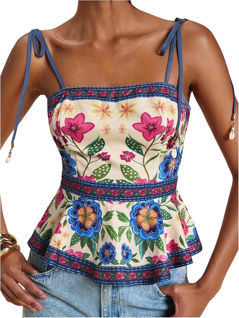 RoseSeek Women's Floral Going Out Cami Top Sleeveless Spaghetti Strap Camisole Peplum Summer Tops Multicolor X-Large