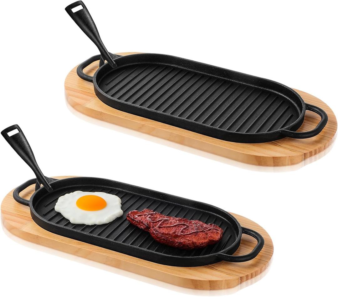 2 Pcs Cast Iron Fajita Skillet Pan Set Sizzling Steak Plate with Wooden Base and Removable Handle Cast Iron Grill Frying Pan for Home Restaurant Kitchen Cooking (12 x 6.3 Inch)