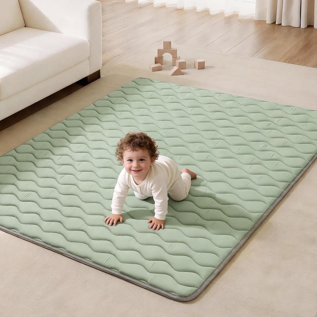 Blissful Diary Baby Play Mats for Floor, 71x59 Inch Extra Thicker & Large Soft Cushioning Foam Playmats for Babies and Toddlers, Foldable Washable Baby Crawling Mat for Playpen, Sage Green