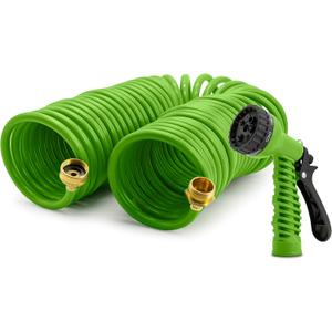 50 ft Coil Garden Hose with 7-Pattern Function Sprayer and Brass Connectors, Green