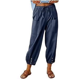 Women's Capri Pants High Waist Drawstring Cinch Bottom with Button Cotton Loose Casual Trouser with Pockets, L, Dark Blue