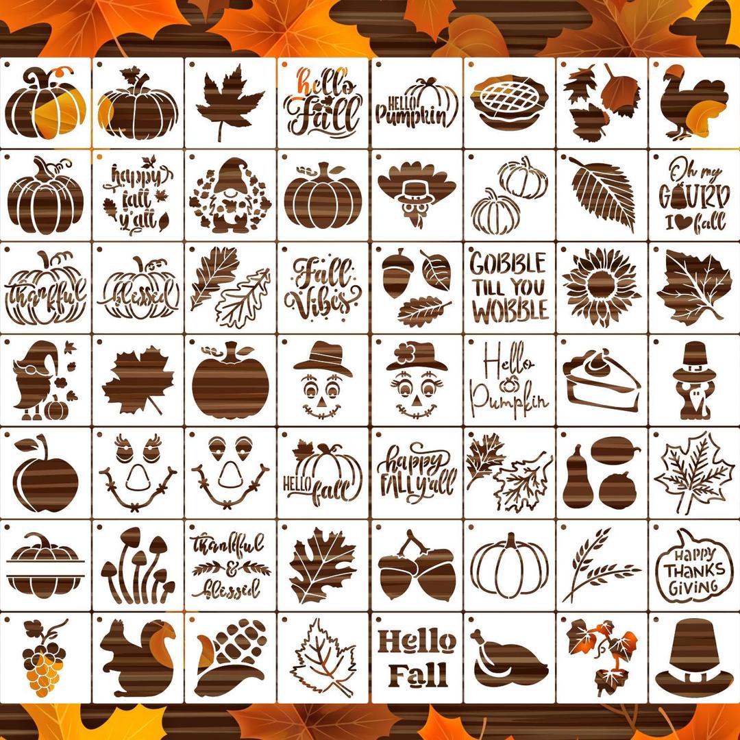 zosylley 3inch Fall Stencils for Painting on Wood 56pcs Pumpkin Stencils Autumn Leaf Stencils Turkey Scarecrow Gnome Draw Templates for Wood Signs DIY Crafts Canvas Tier Tray Decor