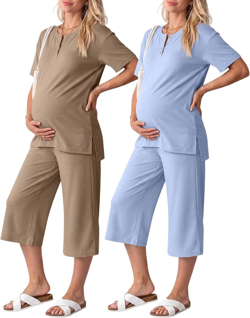 2 Pack Maternity Outfits Pregnancy Postpartum Pajama Lounge Set Oversized T-shirt Capri Pants Soft Summer Sleepwear (Blue, XL)