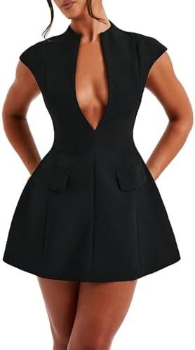 LuFeng Women's Summer Sexy Cap Sleeve Deep V Neck Zipper A-line Mini Dress Hollow Bodycon Night Out Party Dress Size Large