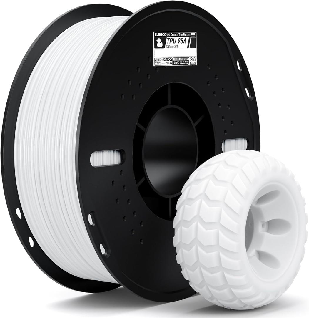 ELEGOO TPU Filament 1.75mm White 1KG, 95A Flexible Soft 3D Printing Filament 1KG Spool(2.2lbs) Fits for Most FDM 3D Printers