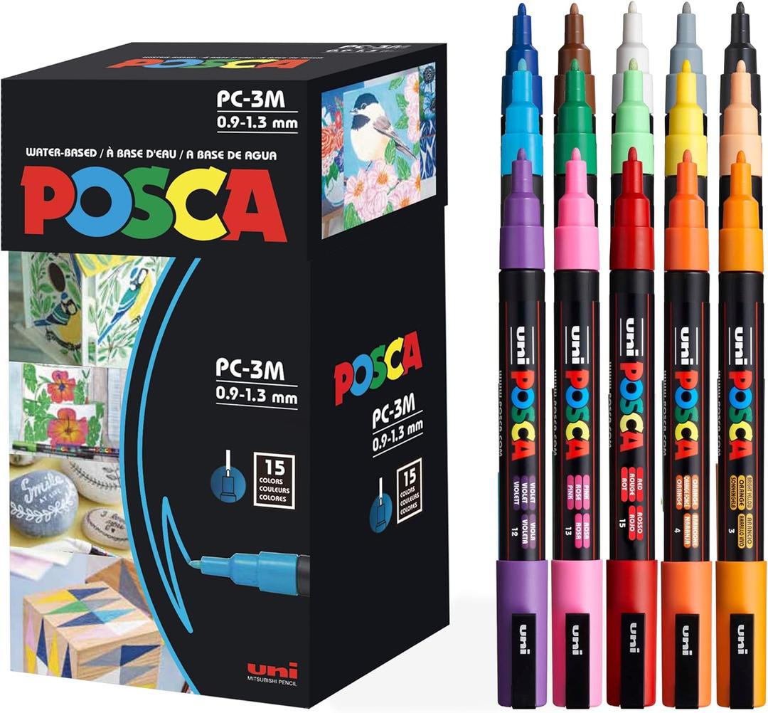 Posca Paint Markers, 3M Fine Point Posca Markers with Reversible Tips, For Fabric, Metal, Glass, Rocks, Wood and Canvas, Set of 15 (red,blue,yellow)