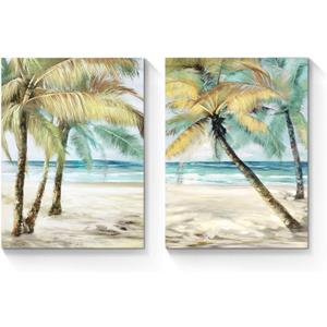 Palm Trees Canvas Wall Art: Coastal Beach Picture Artwork Tropical Ocean Scene Painting Abstract Seascape Print for Modern Living Room Bedroom Bathroom