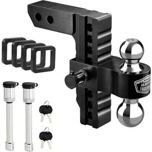 Kohree Adjustable Trailer Hitch Fit 2 Inch Receiver, Dual Solid Ball 2" and 2-5/16"(12,500 LBS GTW), 8" Drop & Rise Heavy Duty Aluminum Tow Hitch with 4 Silencer Pads & 2 Locking Hitch Pin, Black (Black - 8" Drop Hitch)