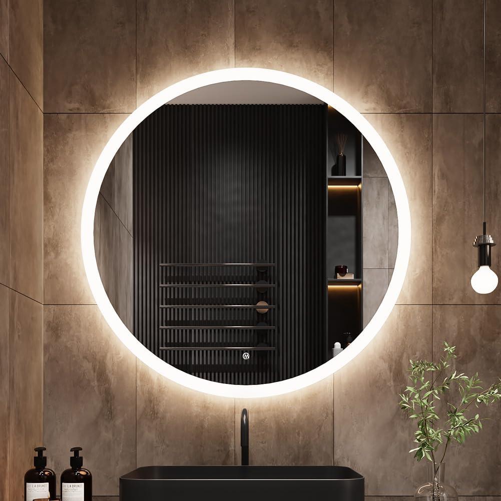 27" Round led Bathroom Mirror with Lights 3D Backlit Mirror 3 Color Temperatures Anti-Fog Adjustable Brightness Memory Function ETL Listed IP44 Waterproof