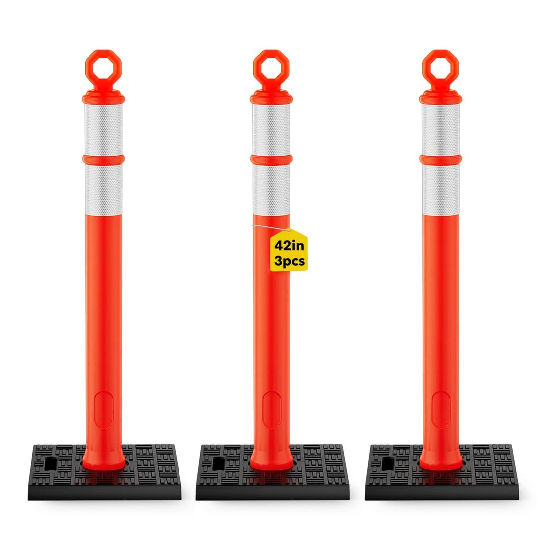 HiGiant 42 Inch Traffic Delineator Posts 3 Pack, Tall Traffic Cones with Base for Drivers Training, Parking lot