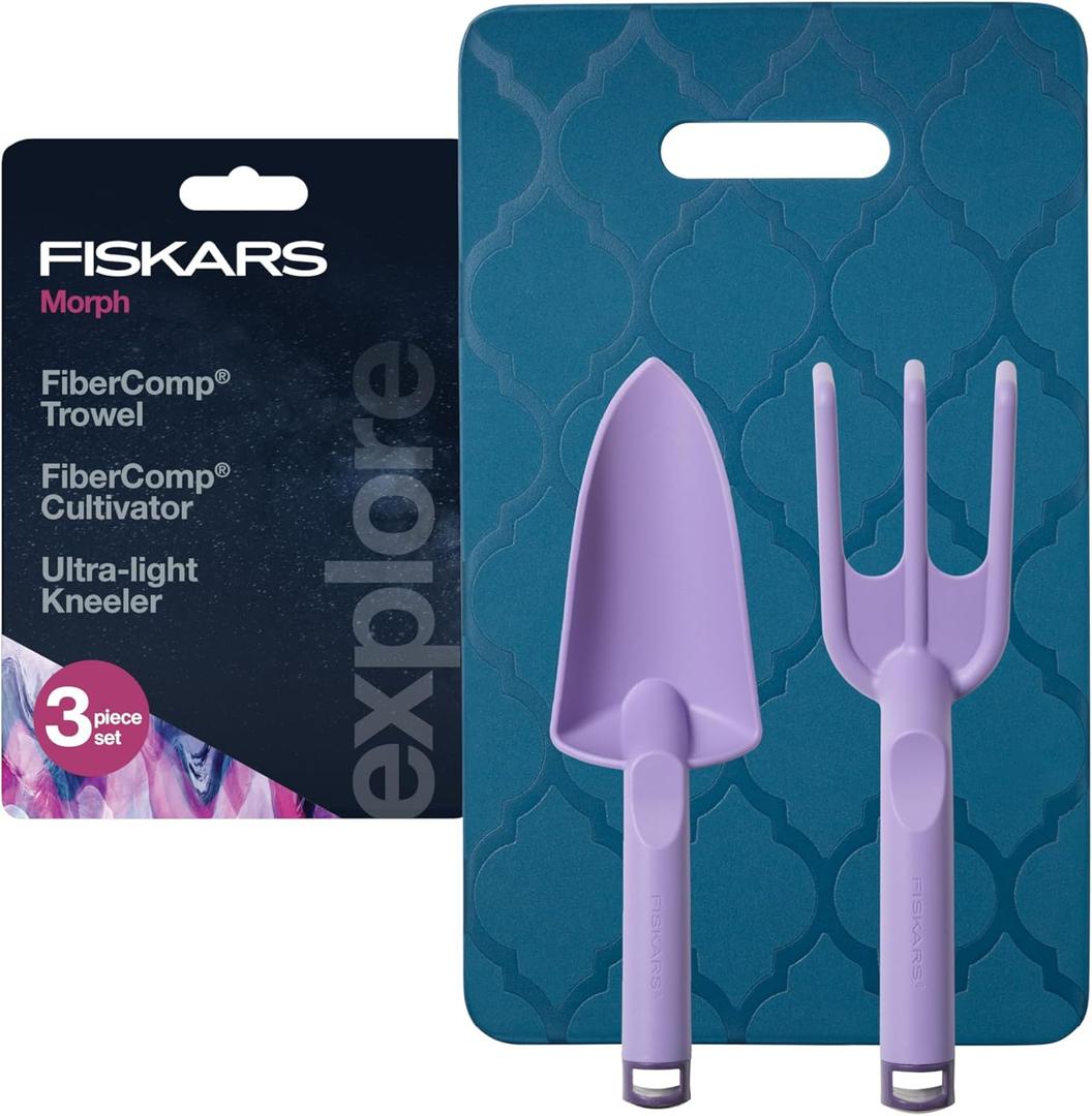 Fiskars 3-Piece Gardening Set, Explore Collection Hand Tools and Kneeler, FiberComp Trowel and Cultivator, Dual Layer Knee Pad for Digging, Weeding, and Soil Aeration, Lightweight Rustproof Design