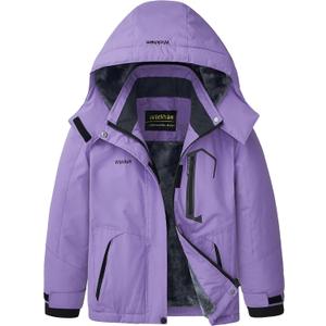 WICKHAM Girl's Waterproof Ski Jacket Winter Warm Fleece Lined Snow Windproof Jackets Removable Hood Ski Coat for Kids (10-12 Years, Purple)