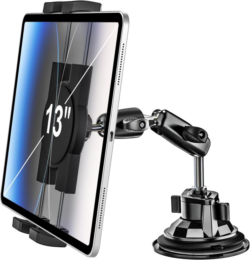 Heavy Duty Car Tablet Mount Holder - [Metal Arm] Dashboard Windshield Suction Cup Tablet Holder for Truck/Car Mount, for 4.7-13" Tablets Like iPad Pro Air, Mini, Galaxy Tab, Z Fold, Fire HD, iPhone