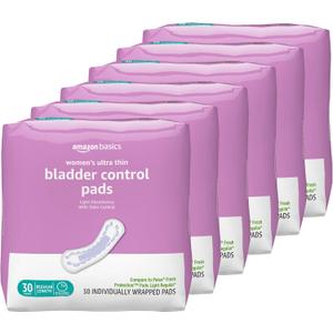 Basics Women's Incontinence Pads, Postpartum, Bladder Control, Light Absorbency, Unscented, 180 Count (6 Packs of 30)