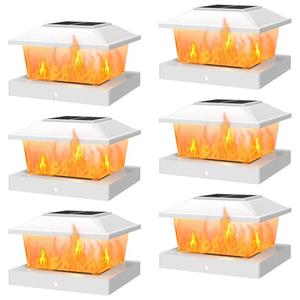 APONUO Solar Post Cap Lights with Flickering Flame & Warm White, 6-Pack for 4x4 Wood/ 5x5 Vinyl Posts, Solar Powered Deck & Fence Lights, Auto On/Off, IP65 Waterproof, Glossy White