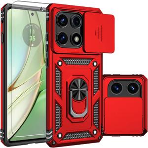for Motorola Edge 2025 Case, Built in Slide Camera Lens Cover+ Finger Ring Holder Kickstand+ Screen Protector, Heavy Duty Shockproof Full Body Protective Phone Case, Red