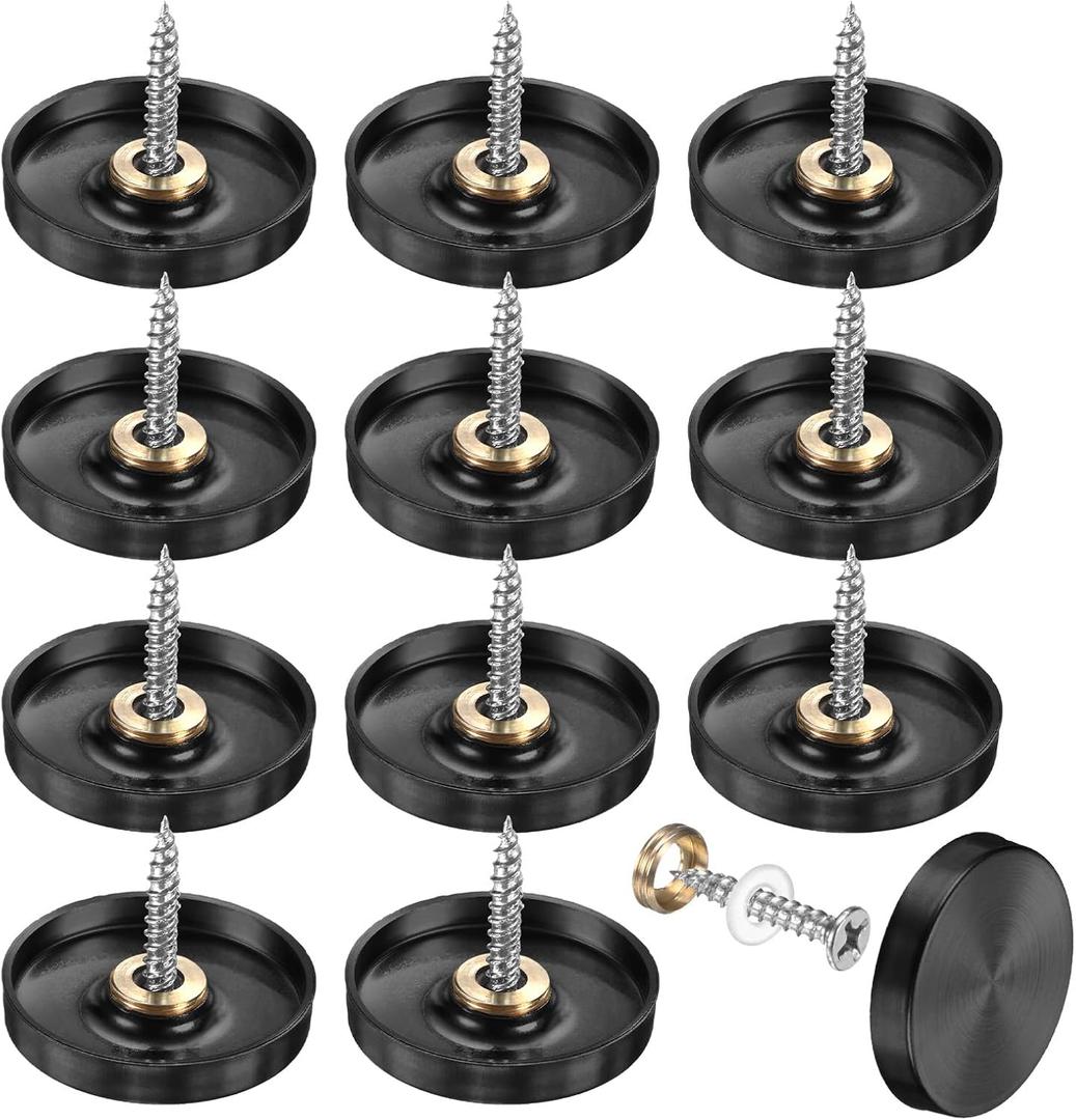 M METERXITY 12-Pack Screw Covers Caps, 1.18" Dia Stainless Steel Brushed Mirror Decorative Screws Cap Nails Fasteners for Sign Advertising Hardware/Bathroom Upholstery Head Covers [Black]