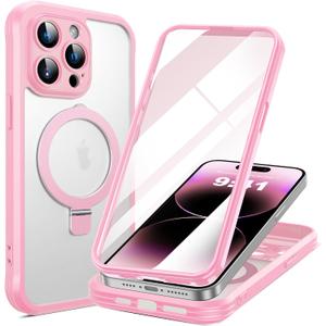 for iPhone 14 Pro Case with Invisible Magnetic Stand, Compatible with Mag-Safe Translucent Matte with Built-in Screen Protector, Shockproof Protective Phone Case for Women Men, Pink