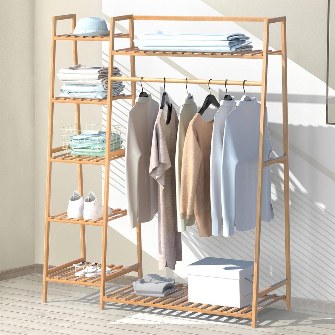 RELIANCER Bamboo Clothing Garment Rack, Free Standing Clothes Coat Hanger, Closet Organizer w/ Shoe Rack, Multi-tiered Wardrobe Storage Shelves, Clothes Hanging Racks for Hall, Living Room, Bedroom, Entryway