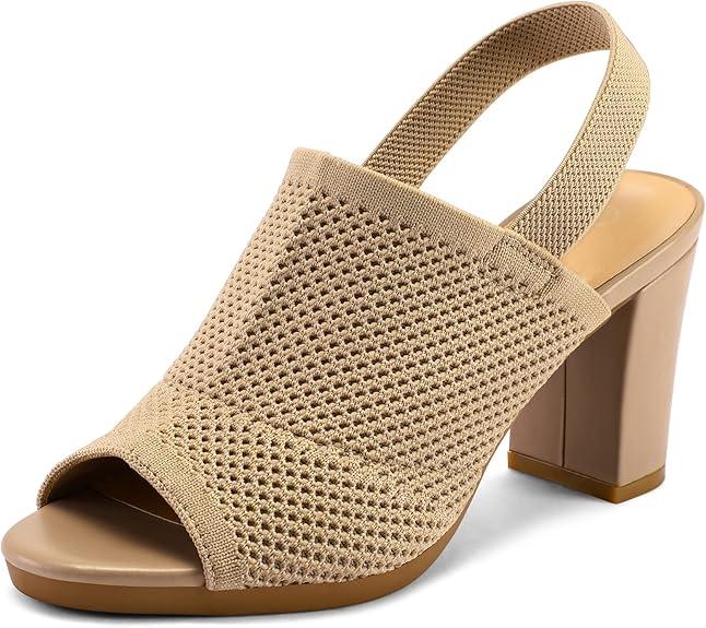 mysoft Women's Knit Chunky Block High Heels Elastic Slingback Open Toe 3 Inch Heeled Sandals, Size: 9