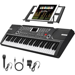 61 Key Keyboard Piano, Portable Electronic Keyboard Piano for Beginners with Speakers, Microphone, Sheet Music Stand, 100 Voices, 100 Rhythms, Digital Music Keyboard Built-In Speakers - Black